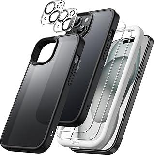 JETech 5 em 1 Capa Fosca para iPhone 15 6,1 Polegadas com 2 Pacotes de Tela de Vidro Temperado e Protector Lente Câmera, Case Traseira Translúcido Capinha de Telefone à Prova de Choque (Preto)