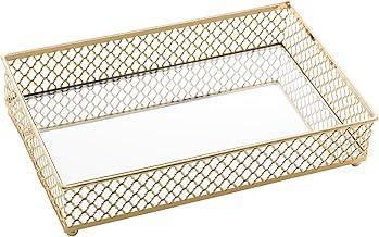 LYOR - Bandeja Retangular de Metal com Espelho Barcelona Dourada 21cm x 13cm x 5cm