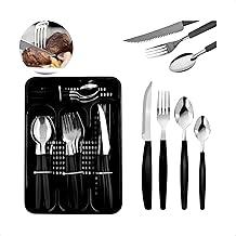 Jogo de Talheres 24 Peças em Aço Inox Preto com Organizador – Faqueiro Conjunto de Talheres com Facas, Garfos e Colheres