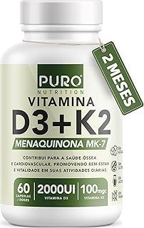 Vitamina D3 + K2 Puro Nutrition 2000 iu D3 com 100mcg de Vitamina K2 MK-7, 60 Cápsulas