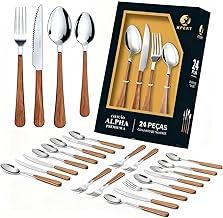 XPERT- Faqueiro de Aço Inox com Cabo em Medio Estampa de Madeira Organic 24 Peças - 6 Facas, 6 Garfos, 6 Colheres, 6 Sobremesa - Presente Elegante para Casa/Restaurante