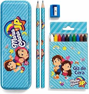 Kit Escolar Infantil Maria Clara e JP Completo com Estojo, Lápis, Borracha, Apontador e Giz de Cera 7 Peças