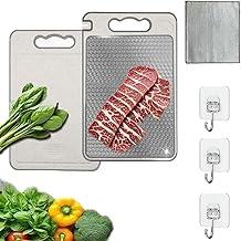 Tábua de corte de dupla face de aço inoxidável 304 e palha de trigo, manuseia carne e legumes separadamente, pode ser lavada na máquina de lavar louça, Inclui Três Ganchos e Um Pano