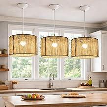 Kit 3 Luminárias Pendentes Rústicas em Fibra Natural | Lustre Artesanal para Sala de Jantar, Cozinha ou Área Gourmet | Iluminação Decorativa
