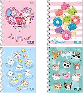 Kit com 4 Cadernos de 1 Matéria, Tilibra, Capa Dura, Like+ Feminino, 96 Folhas, Capas Sortidas