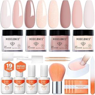 Modelones Dip Powder Nail Kit, 4 Colors Nude Pink Glitter Dipping Starter Set with Liquid and Complete Accessories for French Nails Art Salon DIY at Home Manicure