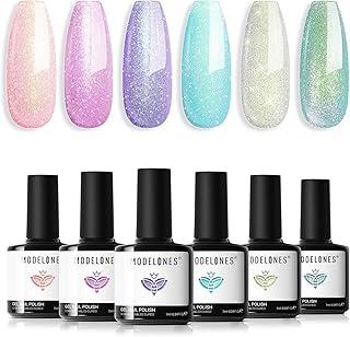 modelones Conjunto de esmaltes em gel com glitter, 6 cores pastel, doce, sereia, branco, rosa, azul-bebê, roxo, brilho Galaxy, brilho, pérola, esmalte, LED, para todas as estações, arte de unhas, salão, faça você mesmo, presente