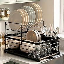 Decolab Escorredor de Louça Duplo Com Bandeja Escoamento Automático 360°- Porta Talheres, Compacto (Preto, 1 Andar)