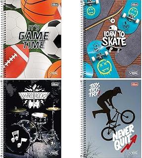 Kit com 4 Cadernos de 12 Matéria, Tilibra, Capa Dura, Vibe Masculino, 192 Folhas, Capas Sortidas