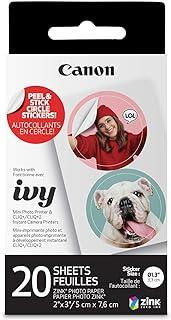 Canon Papel adesivo circular pré-cortado Ivy Zink, pacote com 20 folhas, compatível com a mini impressora fotográfica Canon Ivy e CLIQ+/CLIQ+2