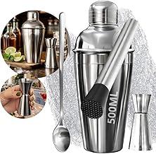 Kit Caipirinha Profissional com 4 Peças em Inox, Coqueteleira 500ml, Socador, Colher Bailarina, Dosador Duplo