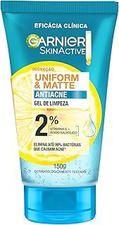 Garnier Uniform & Matte, Gel de Limpeza Facial com Ácido Salicílico e Vitamina C, Combate Cravos e Espinhas, Reduz a oleosidade e Controle da Pele Acneica, 150g