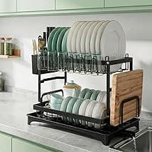 Decolab Escorredor de Louça - 12 Pratos com Bandeja para Saída de Água, Pratos de Jantar e Sobremesa, Porta Talheres e Copos (Preto, 2 Andares) 44,5P x 30L x 33,5A cm