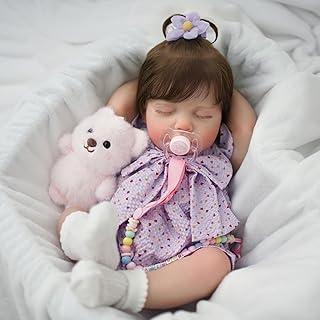 Bebê Reborn Boneca Menina Realista Silicone Pintado Dormindo Cabelo Implantado 48cm Presentes Roxo Vestido