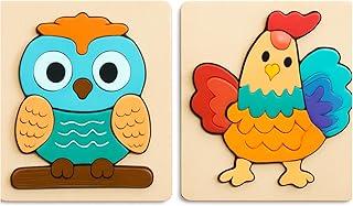 Kit com 2 Mini Quebra-Cabeças 3D em Madeira, Animais Coruja e Galo, Brinquedo Montessori Educativo Infantil, Cognição, Raciocínio e Aprendizagem Precoce