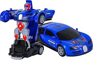 Robô Transformável em Carro Esportivo, Brinquedo de Conversão Automática, Carro a Pilha Emite Som e Luz de Led, Bate e Volta (Azul)