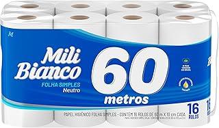 Mili Papel Higiênico Folha Simples Bianco Neutro, Picotado e Texturizado, 16 Rolos de 60 metros
