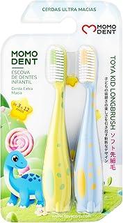MOMODENT Escova de Dentes Infantil 2 Unidades, Para 3-12 Anos, Cerdas Ultramacias, Cabeça Longa, Design Colorido com Dinossauro Divertido, Protege a Gengiva, Cabo Ergonômico (Amarelo+Azul)