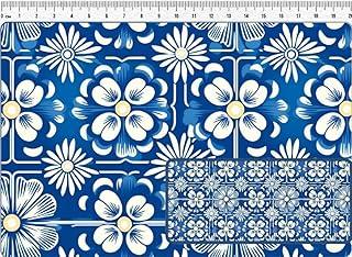 Tecido Tricoline digital Coleção Azulejos Floral fundo azul 50 x 150 cm