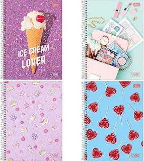 Kit com 4 Cadernos de 12 Matéria, Tilibra, Capa Dura, Vibe Feminino, 192 Folhas, Capas Sortidas