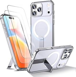 Capa para iPhone 17 Pro Max Capinha - Compatível com MagSafe, com protetor de ecrã temperado de 2 peças, estojo ultrafino resistente a choques e quedas com suporte ajustável - Transparente