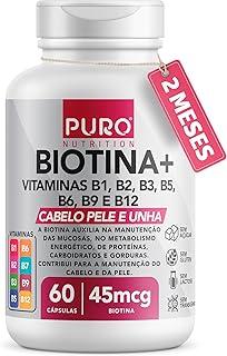 Biotina + Puro Nutrition Pele, Cabelo e Unhas, 45 mcg de Biotina por dose, Vitaminas B1, B2, B3, B5, B6, B9 e B12, 60 Cápsulas