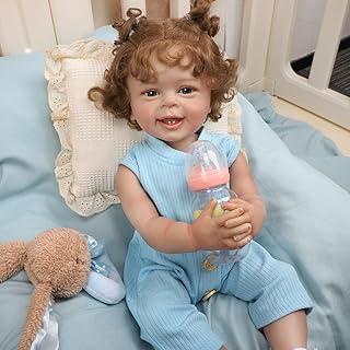 Bebê Reborn Boneca Menina Realista Silicone Pintado Presentes para Menina Roupas Azuis Cabelo Cacheado Olhos Azuis 55cm