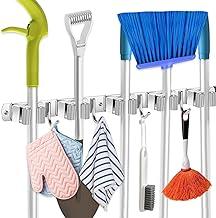 Suporte para Vassouras e Rodo de Parede com 9 Acessórios - Porta Vassoura de Parede em Aço Inoxidável Prático para Cozinha e Lavanderia