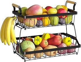 Fruteira Cesto de Mesa 2 Andares em Metal Preto com Alça de Madeira pequena – Cesta Organizadora de Frutas Decorativa para Cozinha e Sala,Fruteira De Mesa Organizador De Frutas (2 Níveis com Alça)