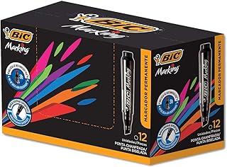 Pincel Marcador Permanente BIC Marking, Preto, Recarregável, Ponta Chanfrada, 1.5 a 3.0mm, 904386, 12 unidades