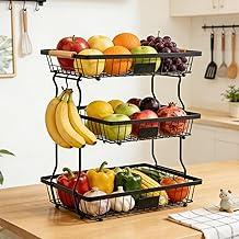 Fruteira de Mesa 3 Andares com Alça, Organizador de Frutas e Alimentos Empilhável, Cesta Aramada Preta para Cozinha e Sala