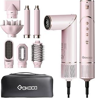 GOKOCO Escovas Secador de Cabelo Profissional 7 em 1 - Incluso 2x Bocal, Difusor, Escova Secadora, 2x Modelador de Cachos, Alisador para Alta Velocidade Para Secar, Alisar e Enrolar, GD032 127v Rosa