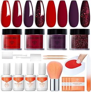 Modelones Dip Powder Nail Kit, 4 Colors Valentine's Day Red Purple Glitter Dipping Starter Set with Liquid and Accessories for French Nails Art Salon DIY at Home Manicure