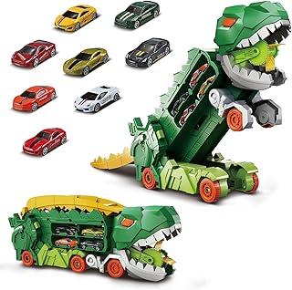 Caminhão Transportador Dinossauro T-Rex: Brinquedo Infantil com Pista de Corrida e Carrinhos (Verde)