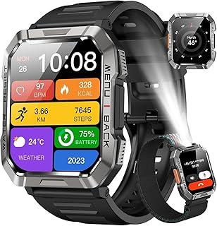 Relógio Inteligente,Smartwatch Militar,My Watch de Chamadas Bluetooth,Relógio de Fitness,Rastreador de Fitness e Rastreador de Atividades,IP68 à Prova D'água,Lanterna,Bateria de 900mAh,Preto