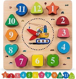 Relógio Educativo de Madeira Infantil – Quebra-Cabeça de Encaixe com Números e Formas – Brinquedo para Aprender as Horas, Cores e Coordenação Motora (Rino)
