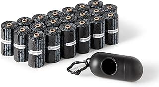 Amazon Basics Sacos de cocô padrão sem cheiro para cães com dispensador e clipe para coleira, 33 x 23 cm, preto - 20 rolos (300 sacos)