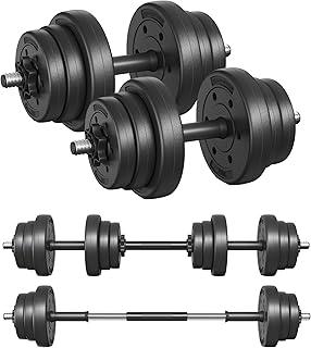 SONGMICS Conjunto de Halteres 2 em 1, 2 x 10 kg Halteres Ajustáveis com Barra Adicional para Barra, Anilhas Revestidas de Plástico, Exercício Fitness, Academia em Casa, Preto Tinta BRSYL20HBK