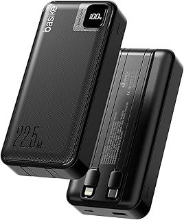Basike Power Bank, Carregador Portátil Universal 20000mAh, USB-A(até 22.5W)+USB-C(até PD20W), com 2 Cabos Integrados (USB-C, Lightning) Carregamento Rápido, Led Indicador de Bateria (Preto)