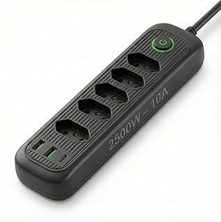 Régua de energia com 5 tomadas + USB + Tipo-C • Cabo 2m • Filtro de Linha • Bivolt automático • Ideal para home office, TV e PC (Preta)