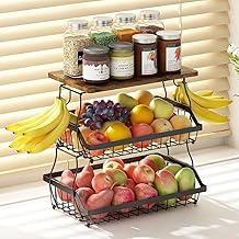 Fruteira de Mesa 2 Camadas com Tábuas, Organizador de Frutas e Verduras para Cozinha, Tábuas Superiores para Frascos de Especiarias e Lanches, Armazenamento Prático para Casa