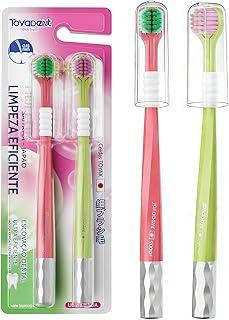 TOYADENT Escova de Dente Tripla Adulto 2 Unidades, Cerdas Macias e Ultradensas, Com Capa Protetora, Portátil e Antipoeira, Limpeza Eficiente dos Dentes, Ideal para Casa e Viagem (rosa)