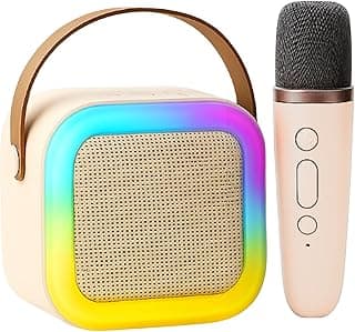 Karaokê Mini, Caixa de Som Portátil com LED, Microfone Sem Fio, Bluetooth, 5 Modos de Voz, Bateria Recarregável, Ideal para Crianças e Diversão em Família (Bege)