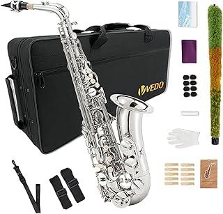 VEDO Saxofone Alto Profissional em Mi Bemol para Iniciantes - Instrumento em Latão Banhado Prata com Estojo Rígido, Palhetas, Estante e Acessórios, Som Quente Ideal para Samba