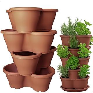 Kit 4 Vaso Treviso Tabaco Empilhável Jardim Vertical 11L Borda Anti Formiga para Plantas Ornamentais, Hortas, Frutas, Temperos, Suculentas e Flores