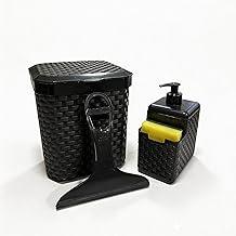 kit Multiuso para Pia Cozinha com Cesto Dispenser para Detergente e Porta Espoja Preto e rodinho para uma soluçao completa