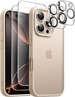 JETech 5 em 1 Capa Fosca para iPhone 16 Pro Max 6,9 Polegadas com 2 Película Protetores de Tela de Vidro Temperado e Protetor de Lente de Câmera, Case Traseira Translúcida (Titânio-Deserto)