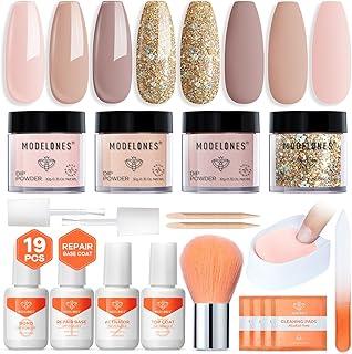 Modelones Kit Completo de Pó para Unhas Dip com 4 Cores Incluindo Nude Marrom Dourado e Glitter, Com Líquidos e Acessórios Completos, Kit para Arte Francesa e Salão DIY, Acabamento Gel Perfeito