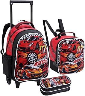 Kit Mochila Rodinha Menino Carros Escolar Reforçada Grande Lancheira e Estojo
