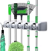 Suporte de parede organizador para vassouras, esfregões e ferramentas de jardim – com 5 posições e 6 ganchos